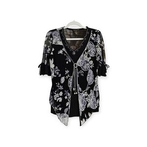 Vintage Design Works Floral Western  Rhinestones Cowboy Mid-Sleeve Blouse PM